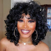 10 Inch Brazilian Virgin Human Hair Wig with Bangs - Glueless Loose Curly 200% Density Rose Net Cap Black Natural Wave Wig for, Daily Wear & Special Occasions, Highdensity Hairpiece
