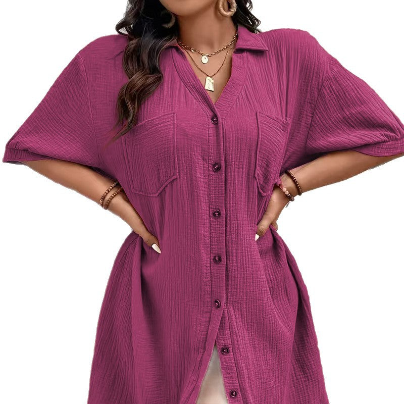 Loose-fitting Casual Cotton-linen Dress With A Turn-down Collar And Three-quarter-length Sleeves
