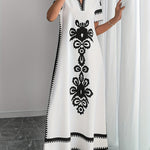 Women'S Elegant White & Black Floral Print Maxi Dress with Keyhole Detail - Casual Polyester Tunic Dress for Summer, Middle Eastern Ethnic Style, Lightweight & Breathable, Perfect for Casual Attire, Summer Casual Wear | Flora