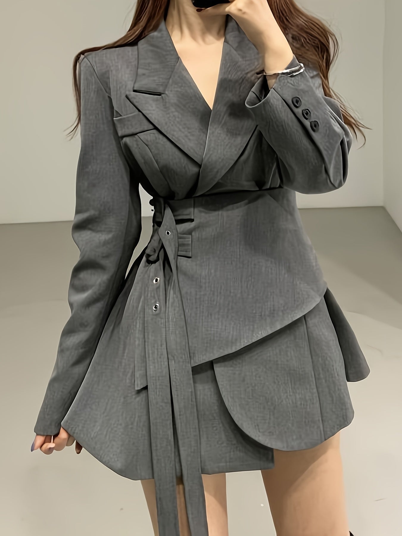 Women'S Elegant Double-Breasted Blazer with Adjustable Double Belt - Chic Notched Lapel, Long Sleeve, Polyester, Perfect for Spring & Fall, Casual Attire|Chic Notched Collar|Polyester Blaze