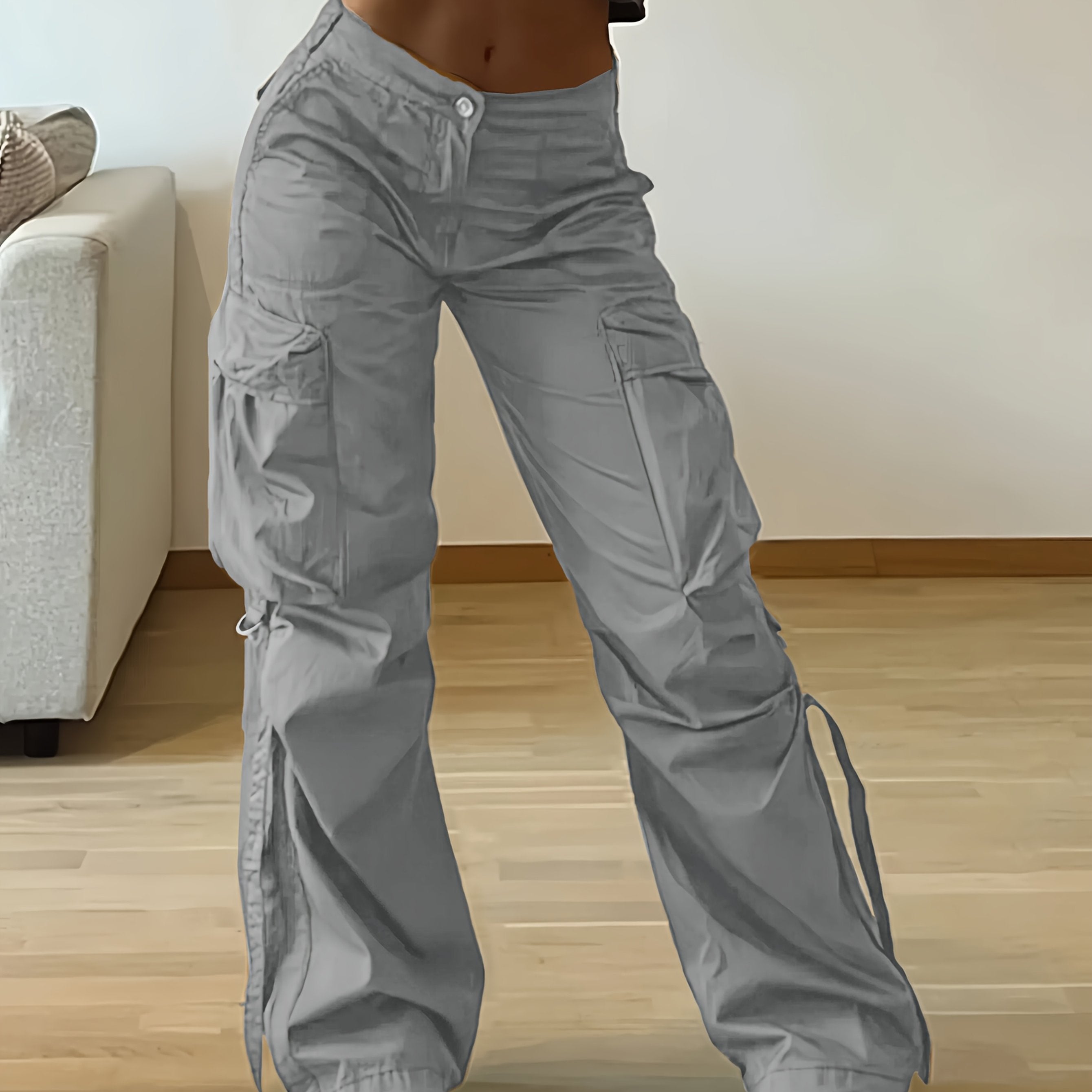 Casual Solid Color Cargo Pants for Adults, 100% Polyester Woven Fabric, All-Season Tapered Jogger Style with Drawstring, Pockets, 130g/m² Weight - Streetwear Essential