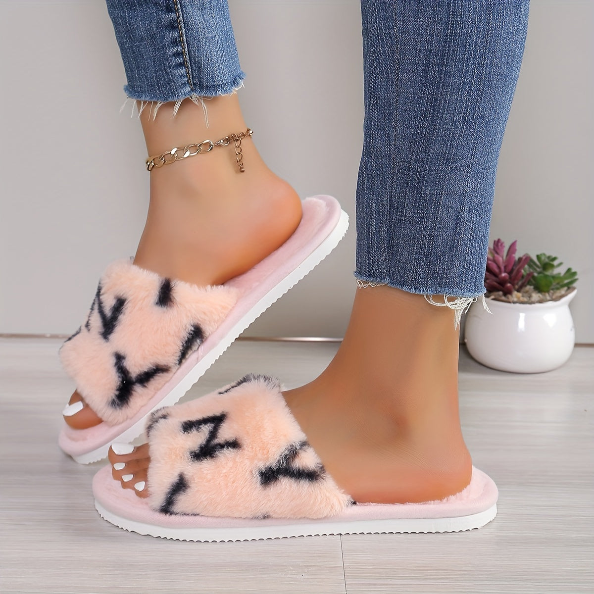 Women's Slip-On Slippers with Leopard Print & Pink Fuzzy Trim - All-Season Indoor House Shoes, Soft Fabric Upper & EVA Sole for Cozy Home Comfort, House Slippers