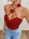 Red Floral Halter Neck Crop Top for Women - Sexy Twisted Front Detail, Cross Halter Design, Stretchy Polyester Blend, Perfect for Summer Nights Out, Cute Tops for Going Out