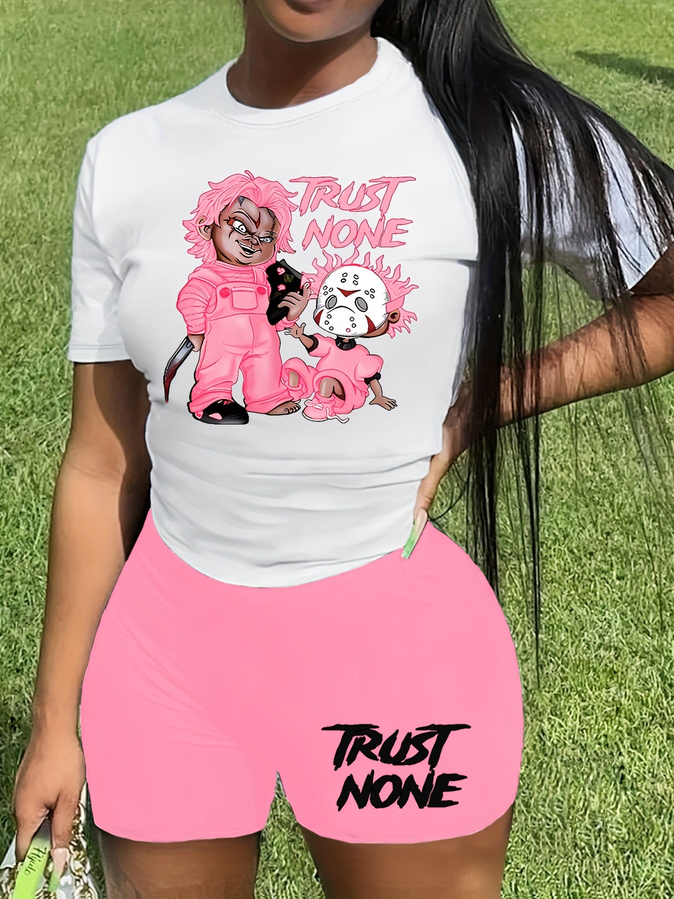 Sexy Orange & White Graphic Print Two-Piece Set - Women's "TRUST NONE" Short Sleeve T-Shirt & High-Waist Shorts, Polyester Blend, Machine Washable