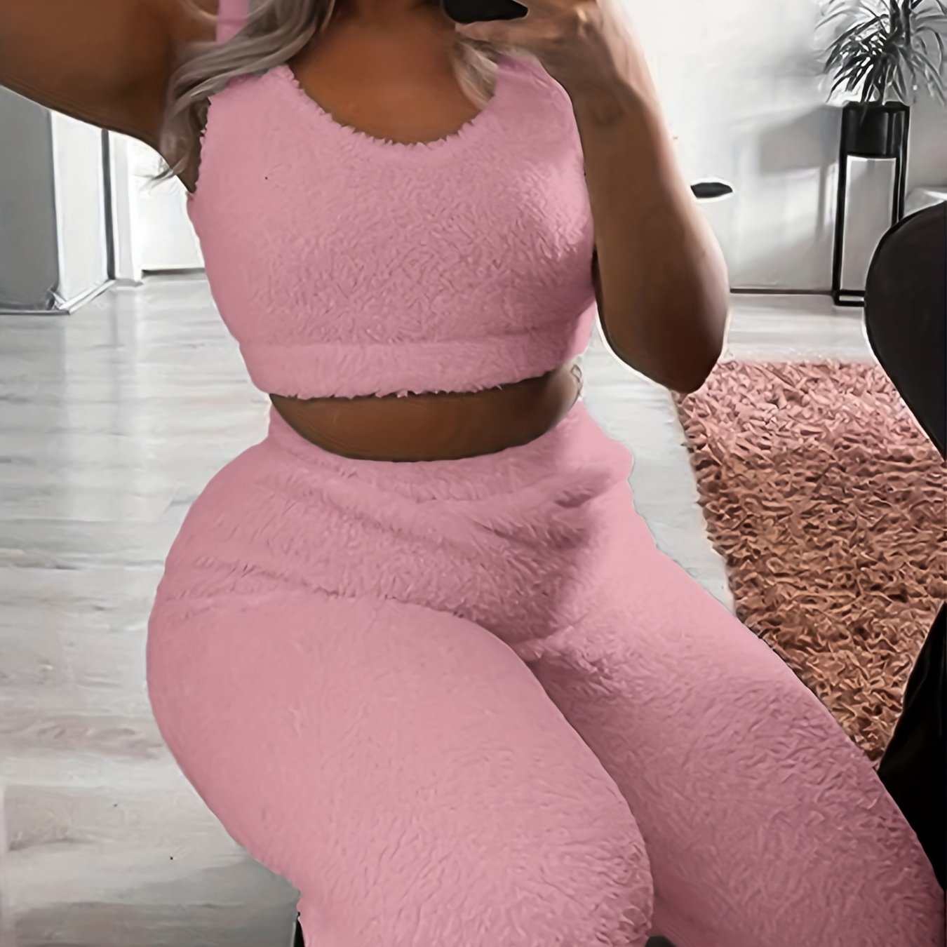 Cozy Solid Fuzzy Lounge Set - Soft Micro Elastic Polyester Tank Crop Top & Elastic Waistband Pants for Women - Machine Washable, Casual Fall/Winter Loungewear & Sleepwear for Adult