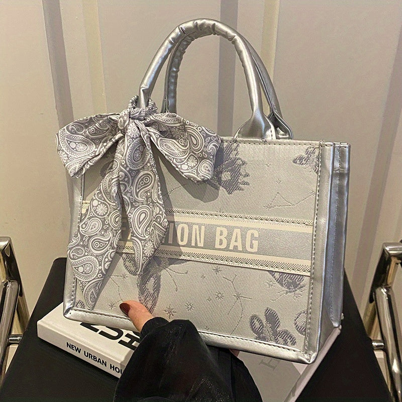 Large Capacity Fashion Letter Print Tote Bag with Scarf Bow - Stylish Synthetic Leather Shoulder Bag for Women, Floral Pattern, Zip Closure, Perfect for Commuting & Everyday Use, Large Tote Bag