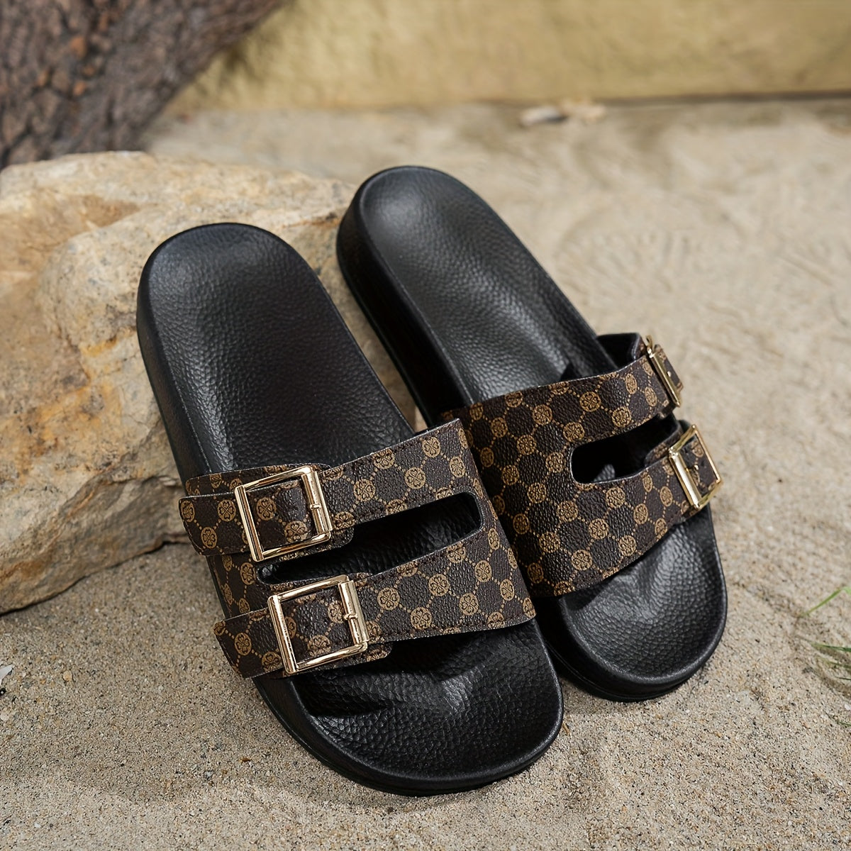 Women's Adjustable Straps Golden-Tone Buckle Black PU Cover Sandals - Breathable Indoor/Outdoor Casual Vacation Slippers with Cushioned Insole for All-Day Comfort, Sleek Sandal Design | Durable Summer Shoes, Strappy Sandals
