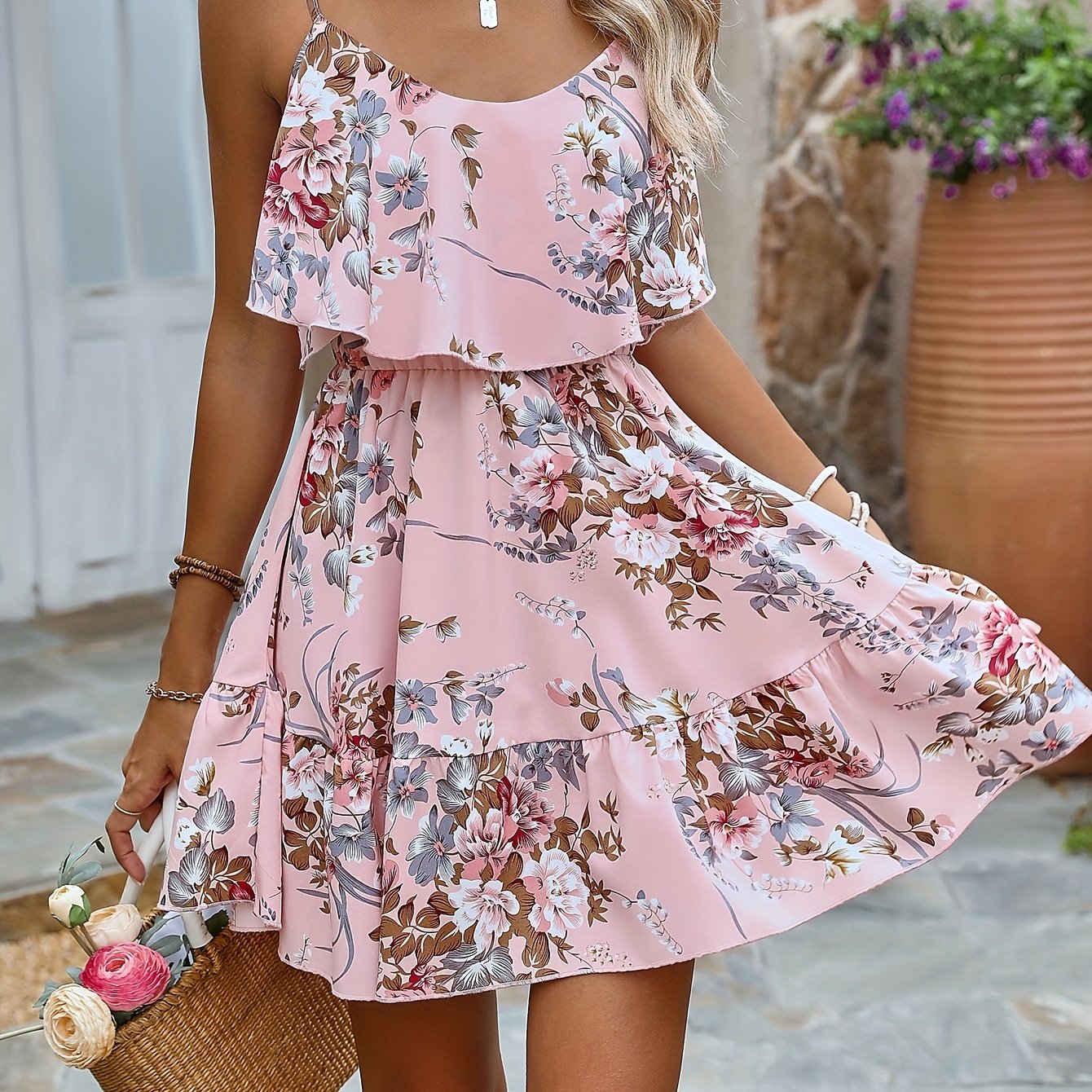 Chic Off-Shoulder Floral Mini Dress with Ruffle Hem & Waist - Casual Polyester, Machine Washable - Perfect for Spring/Summer, Leaf Edge, A-line
