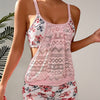 Floral Pattern 2 Piece Set Tankini, Round Neck Contrast Mesh Boxer Short Bottom Swimsuits, Women's Swimwear & Clothing