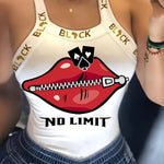 Zipper Lips Print Wide Strap Tank Top, Stylish Bow Back Sleeveless Slim Contrast Strap Top For Spring & Summer, Women's Clothing