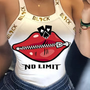 Zipper Lips Print Wide Strap Tank Top, Stylish Bow Back Sleeveless Slim Contrast Strap Top For Spring & Summer, Women's Clothing