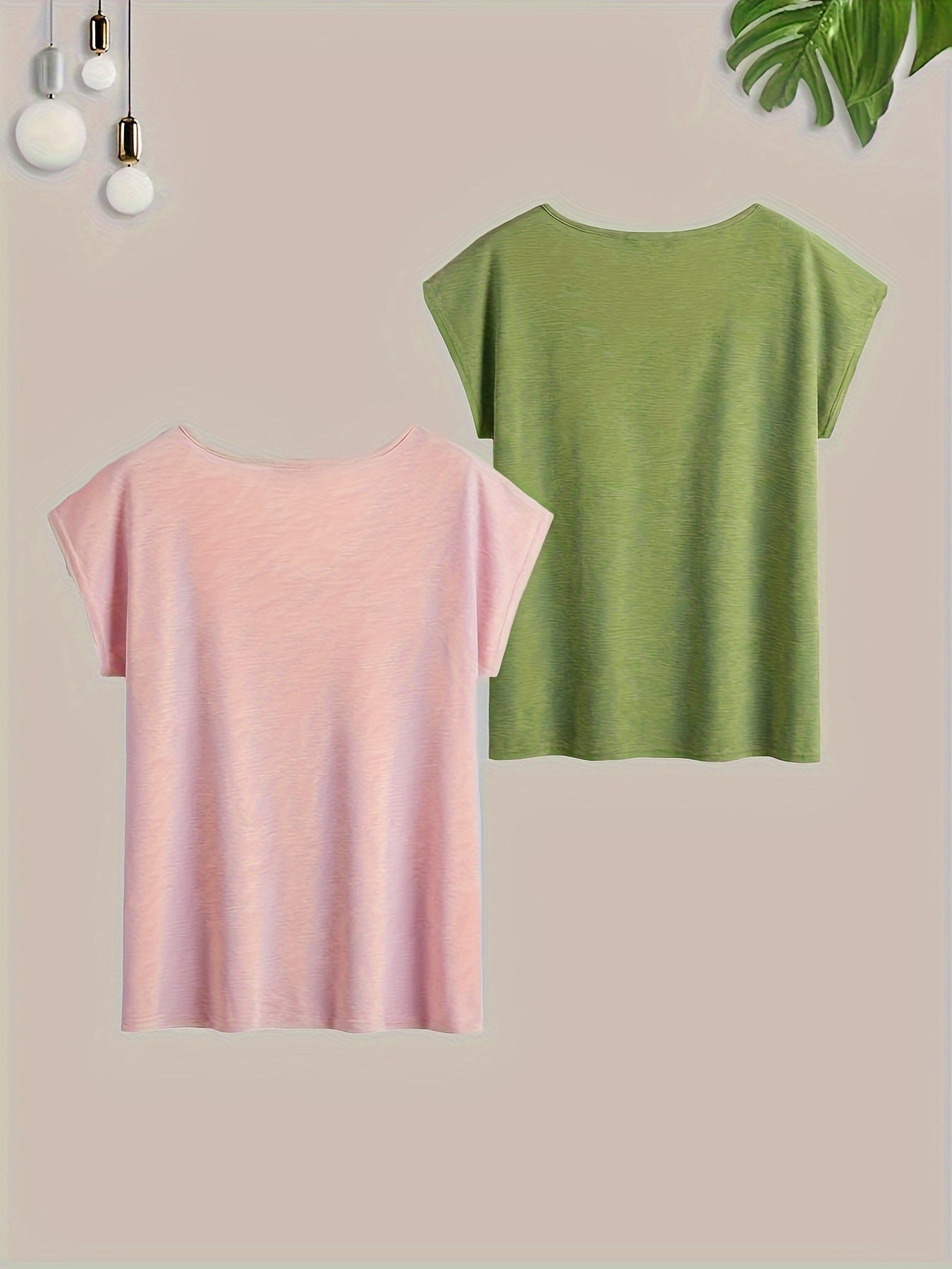 2pcs Women's Casual V-Neck T-Shirts in Pink & Green - Short Sleeve, Breathable Rayon Blend with Intricate Floral & Geometric Patterns, Perfect for Spring/Summer, Casual Summer Wear|Relaxed Fit Tee|Rayon Blend Fabric