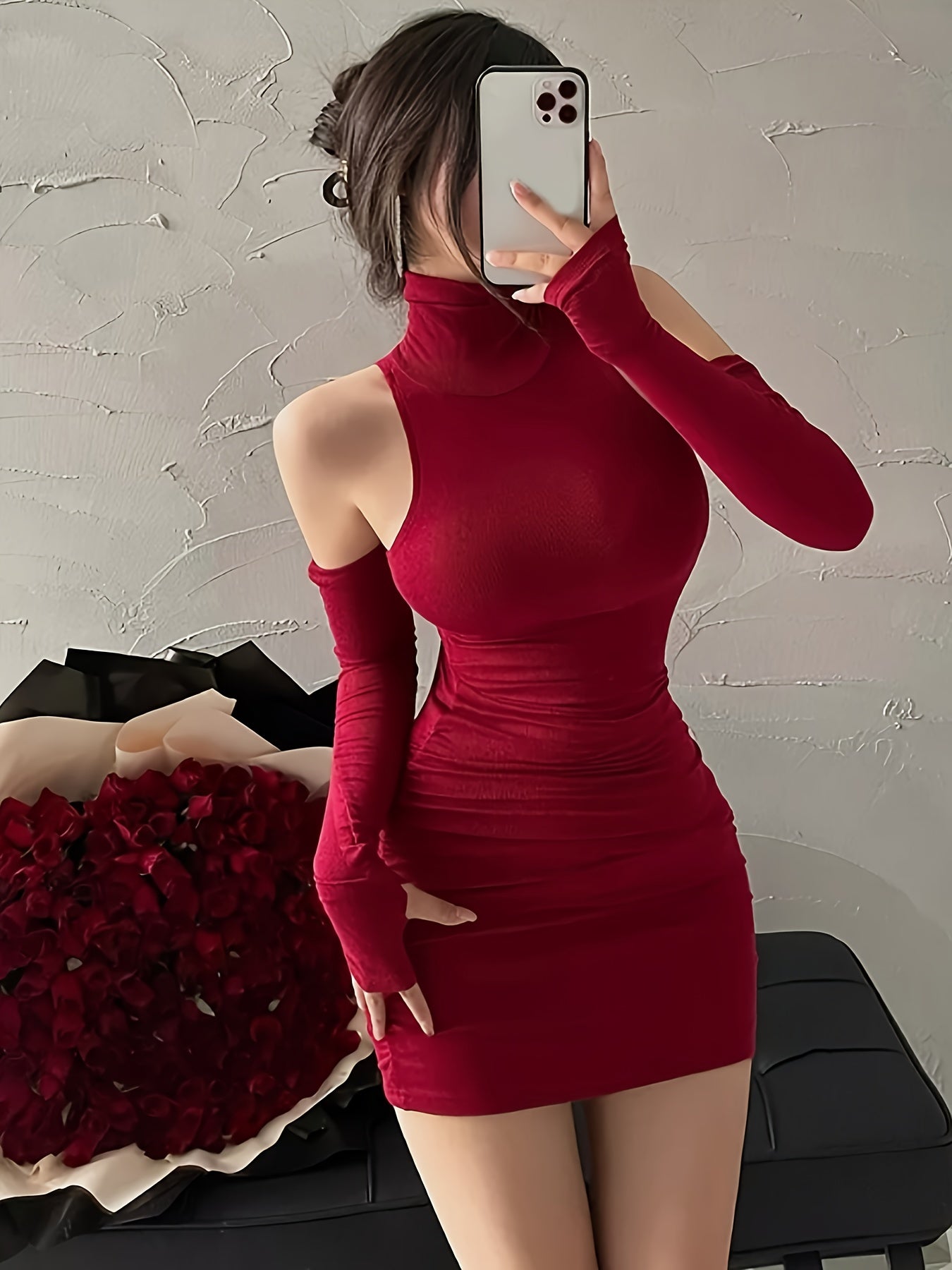 Elegant Women'S High-Neck Bodycon Dress | Long Sleeve, Sleeveless | Solid Color, Stretch Fit | Quilted Design | Perfect for Spring & Fall | Includes Stylish Handbag | Polyester & Elastane Blend, Long Sleeve Dres