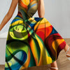 [Elegant Maxi Dress] 1pc Elegant Geometric Abstract Print Polyester Maxi Dress, Sleeveless Round Neck Knit A-Line Long Dress with Umbrella Hem for Women, All Seasons, 100% Stretchy