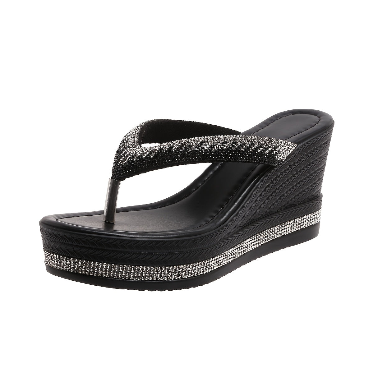 Women'S Fashion White Rhinestone Platform Sandals, Casual Split Toe Slip-on High Heel Slides, All-Season Polyurethane Upper & Insole, TPR Sole, Comfortable Fabric Lining