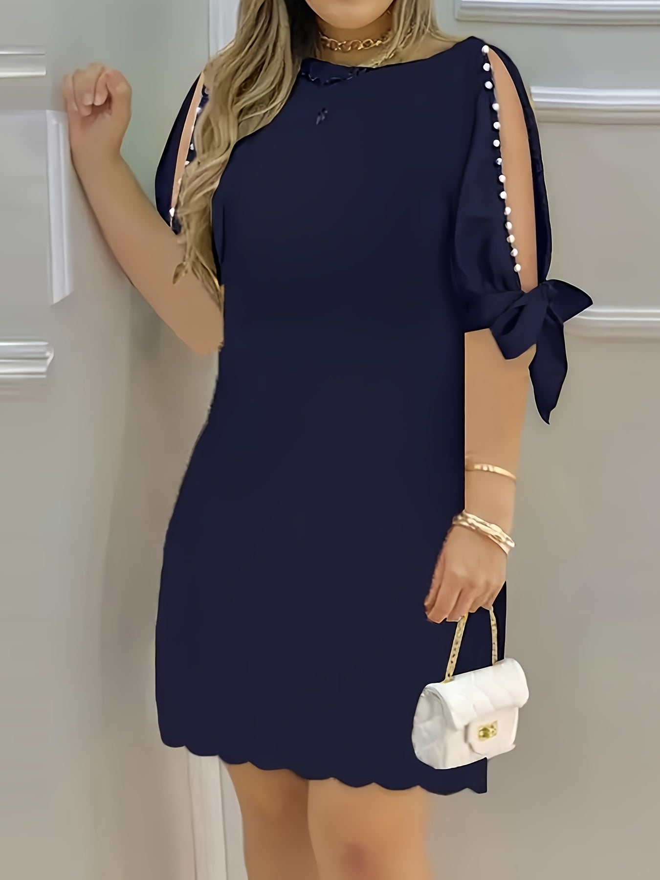 Women's Navy Blue Casual Dress - Elegant Knee-Length with Ruffle Detail, Crew Neck, Machine Washable, Polyester Blend