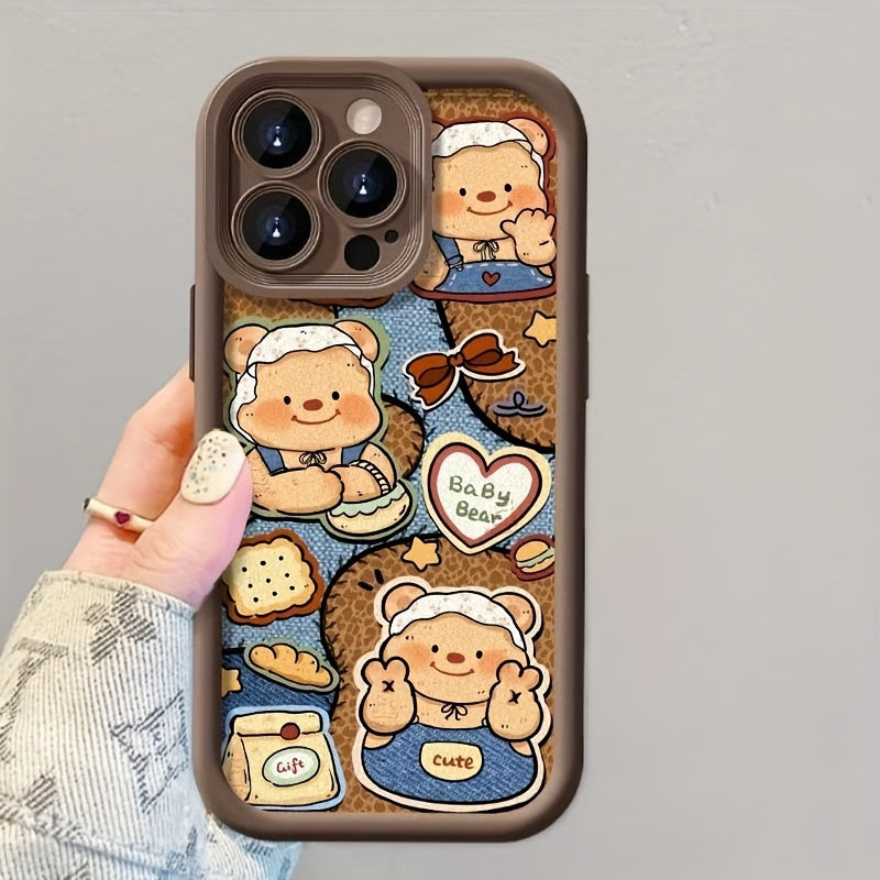 1pc Butter Bear Pattern Plush Lanyard Brown High Bamboo Mobile Phone Case, TPU Material Full Cover Anti-fall Lightweight Sandpaper Mobile Phone Protective Case, Suitable for iPhone 16/11/13/15/15 Plus/15 Pro/15 Pro Max/12/14