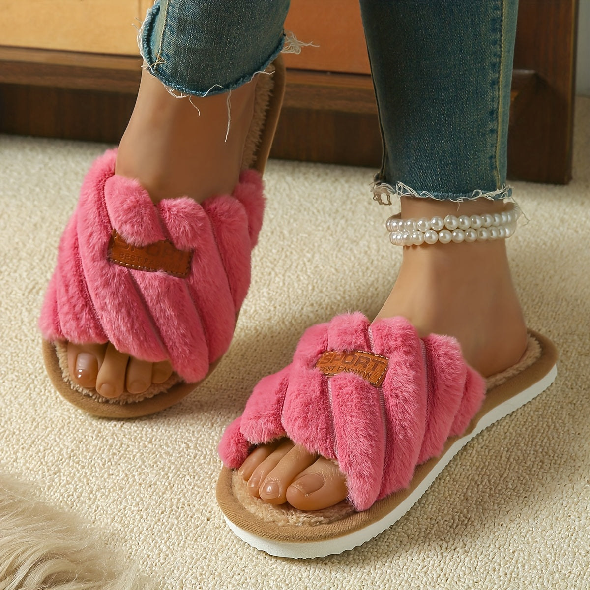 Women's Plush Open-Toe Slippers - Cozy Indoor House Shoes with Soft Rabbit Fur Lining, Quilted Design, and Cover Strap in Brown, Pink, or White, Perfect for Bedroom Comfort, House Slippers