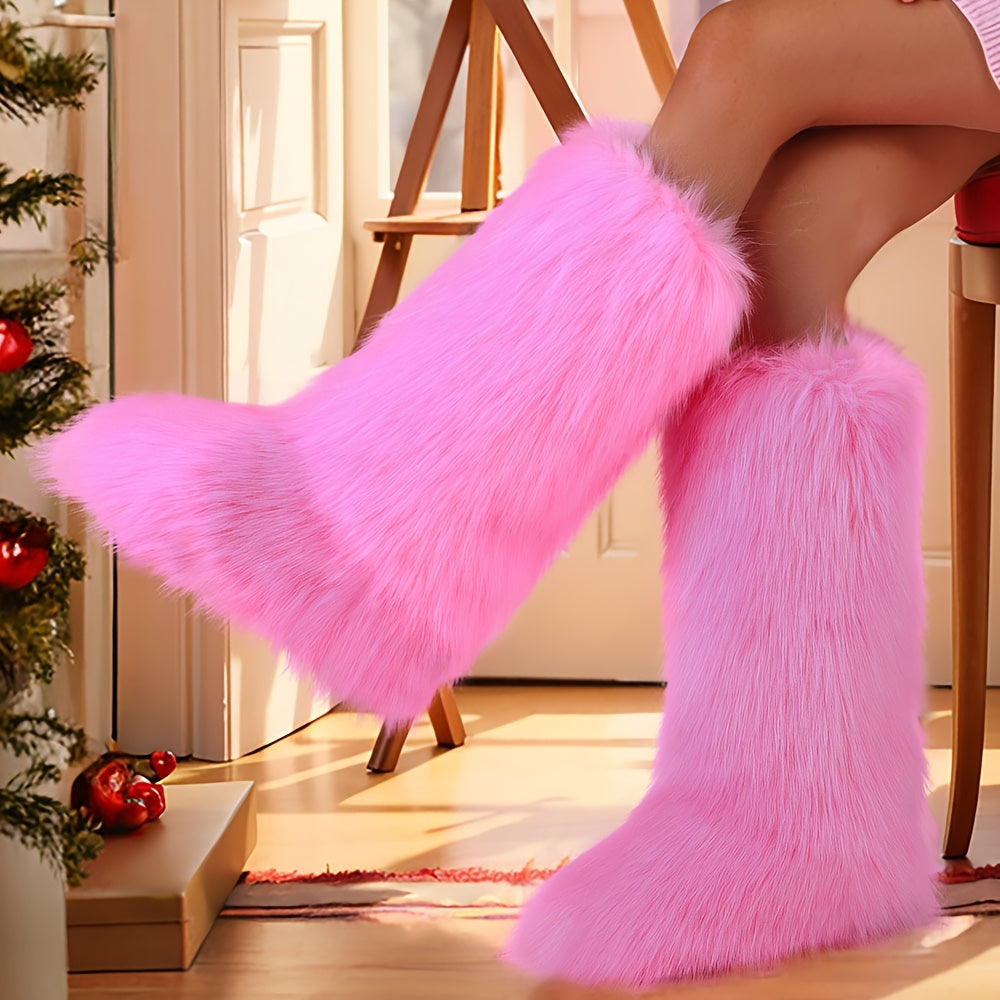 Women'S Plush Fluffy Snow Boots, Mid Cut, Warm, Christmas, Flat Fashion Boots