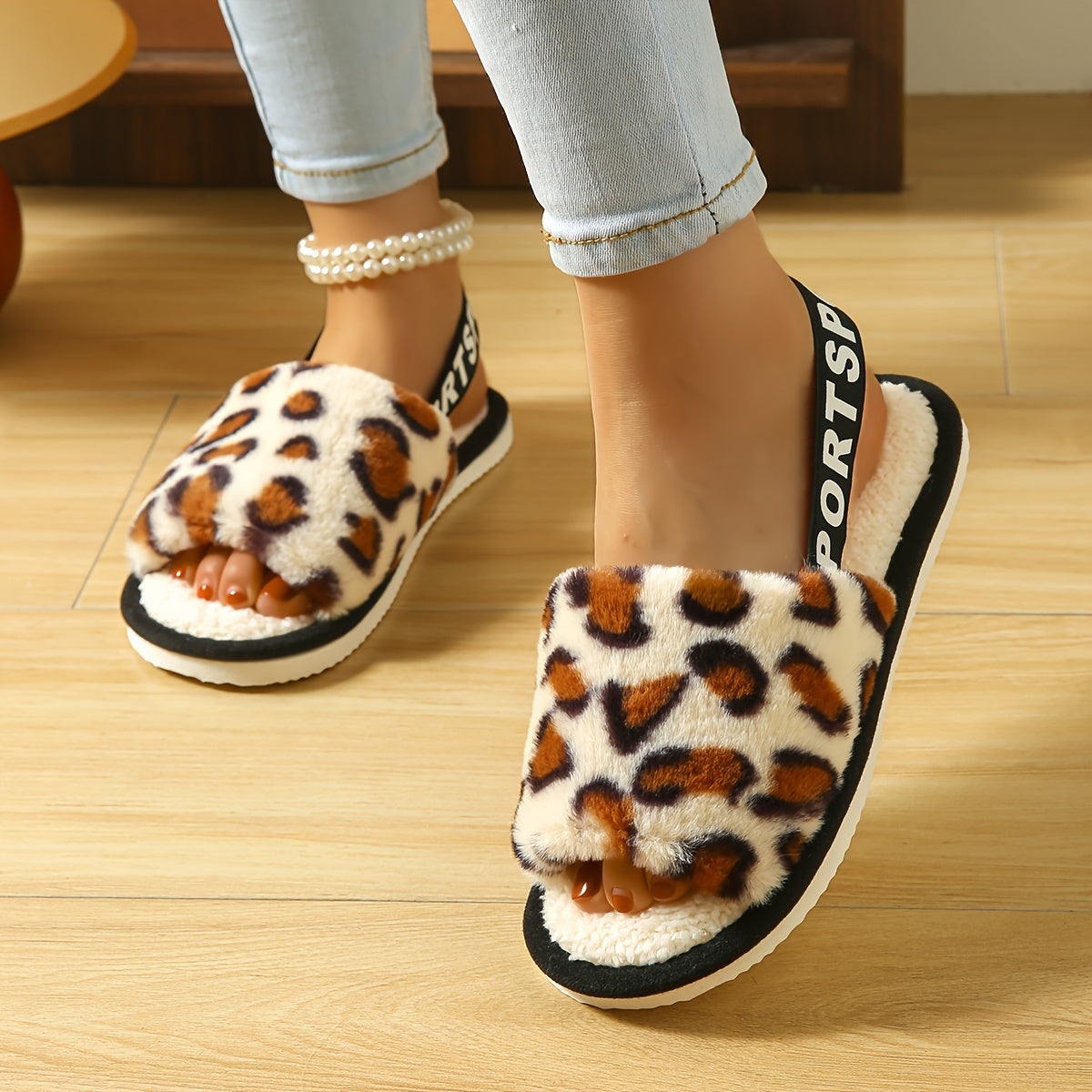 Fluffy Leopard Home Warm Slippers, Letter Elastic Strap Soft Sole Bedroom Shoes, Non-slip Floor Mute Shoes