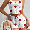 Women's Strawberry Print Sexy Ribbed Frill Trim Pajama Set, Round Neck Backless Crop Cami Top & Shorts, Comfortable Relaxed Fit, Summer Nightwear