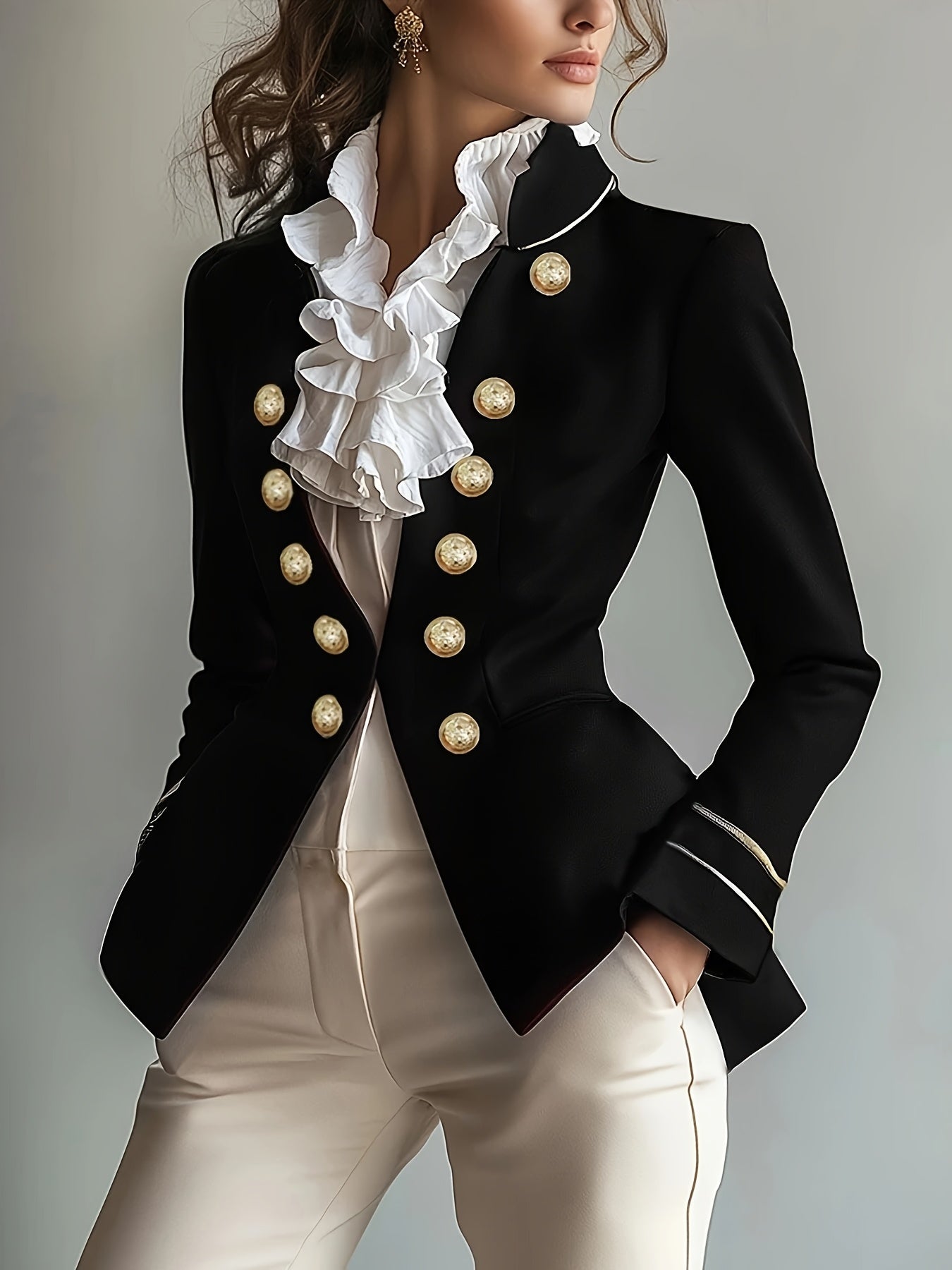 Elegant Black Double-Breasted Blazer with Golden Buttons - Stylish Ruffled White Collar, Long Sleeves, Polyester Fabric, Perfect for Spring/Fall, Formal Attire|Classic Blazer|Polyester Blazer