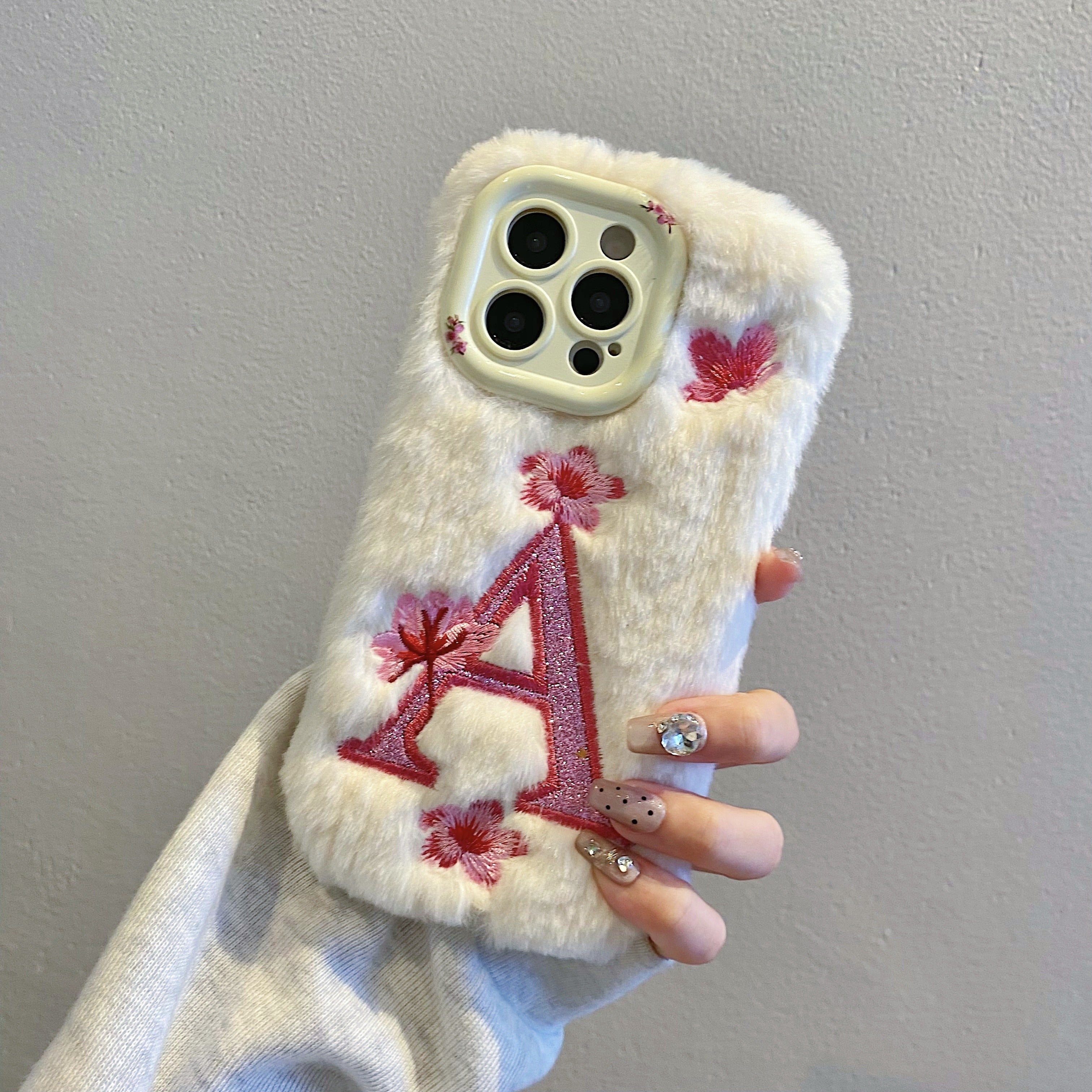 Plush Embroidered Big A Letter Stand Mobile Phone Case, Suitable for Apple 16/ 15 Pro Max/15 Pro/15/15Plus/14 Pro Max/14 Pro/14Plus/14/13 Pro Max/13 Pro/13 /12 Pro Max/12 Pro/12/11Pro Max/11 Couple All-Inclusive Mobile Phone