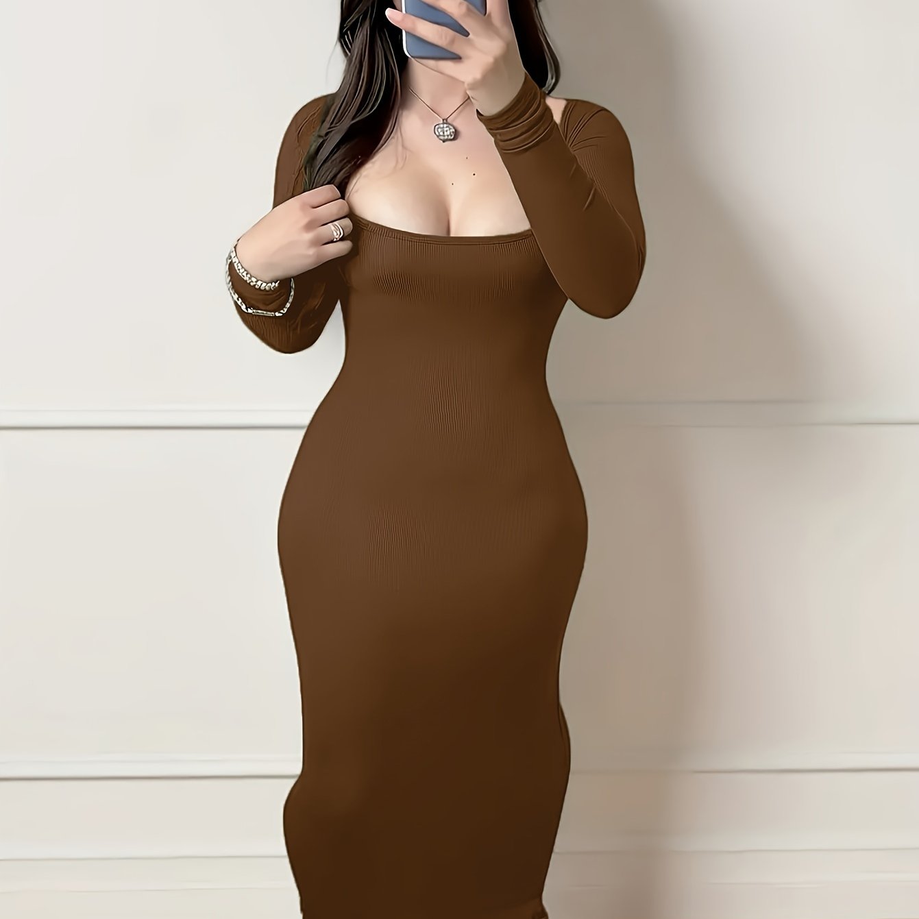 Women's Long Sleeve Bodycon Midi Dress - Elegant Brown, Stretchy Polyester/Spandex Blend, Machine Washable, Perfect for Spring/Summer/Fall Events, |Elegant Long Sleeve|Knit Construction