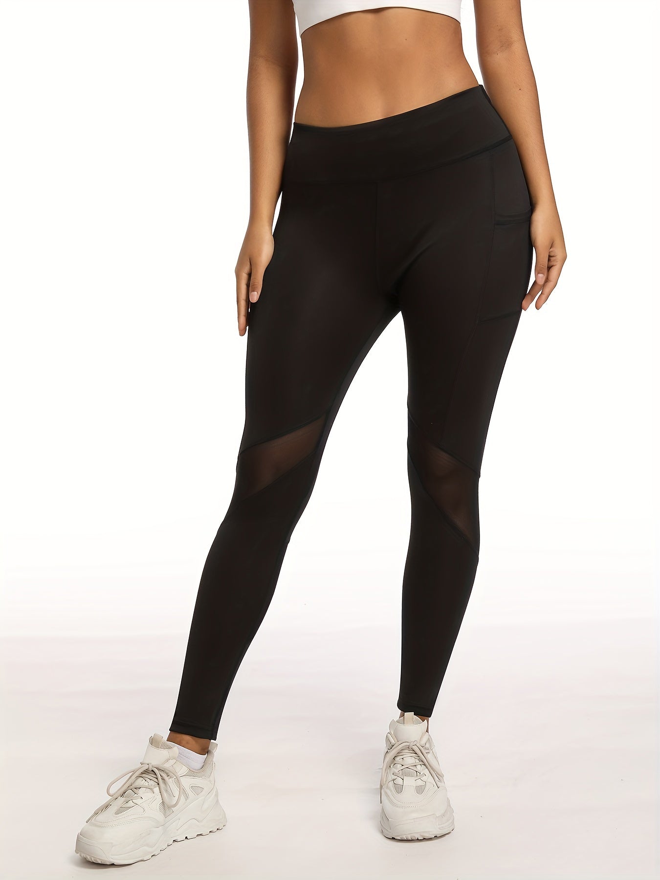 High-Waist Elegant Black Mesh Panel Yoga Leggings for Women - Stretchy & Comfortable, Slim Fit Ankle-Length Workout Pants with Phone Pocket, Machine Washable