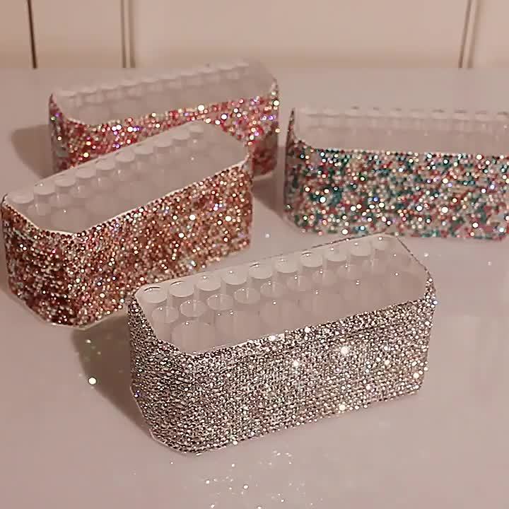 Fashion Creativity Luxury Diamond Inlay Cosmetic Pen Storage Box Eyebrow Pencil Holder with 26 Holes for Makeup Brushes and Eyeliners