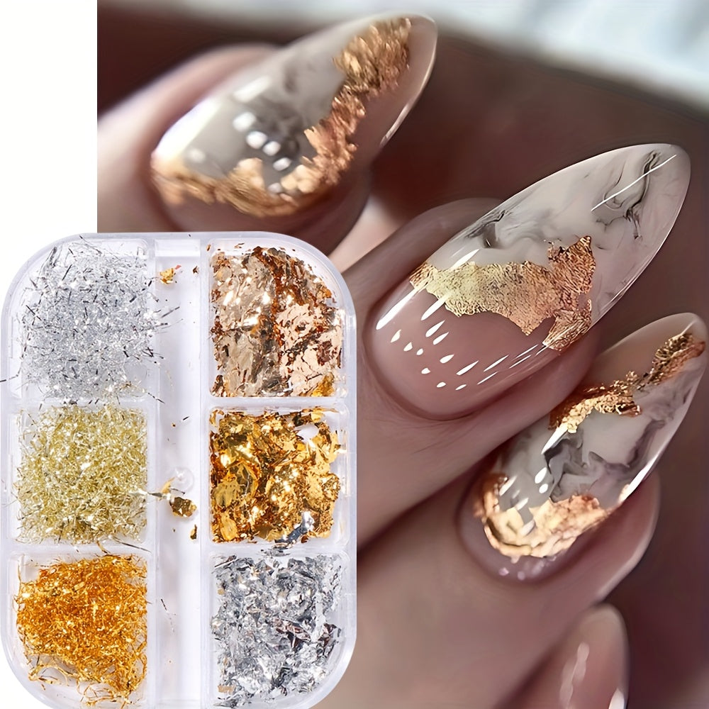Golden Silvery Nail Foil Chrome Line Nail Glitter Aluminium Sequin Flakes Y2K Metal Powder Nail Charms for Nail Art Decoration