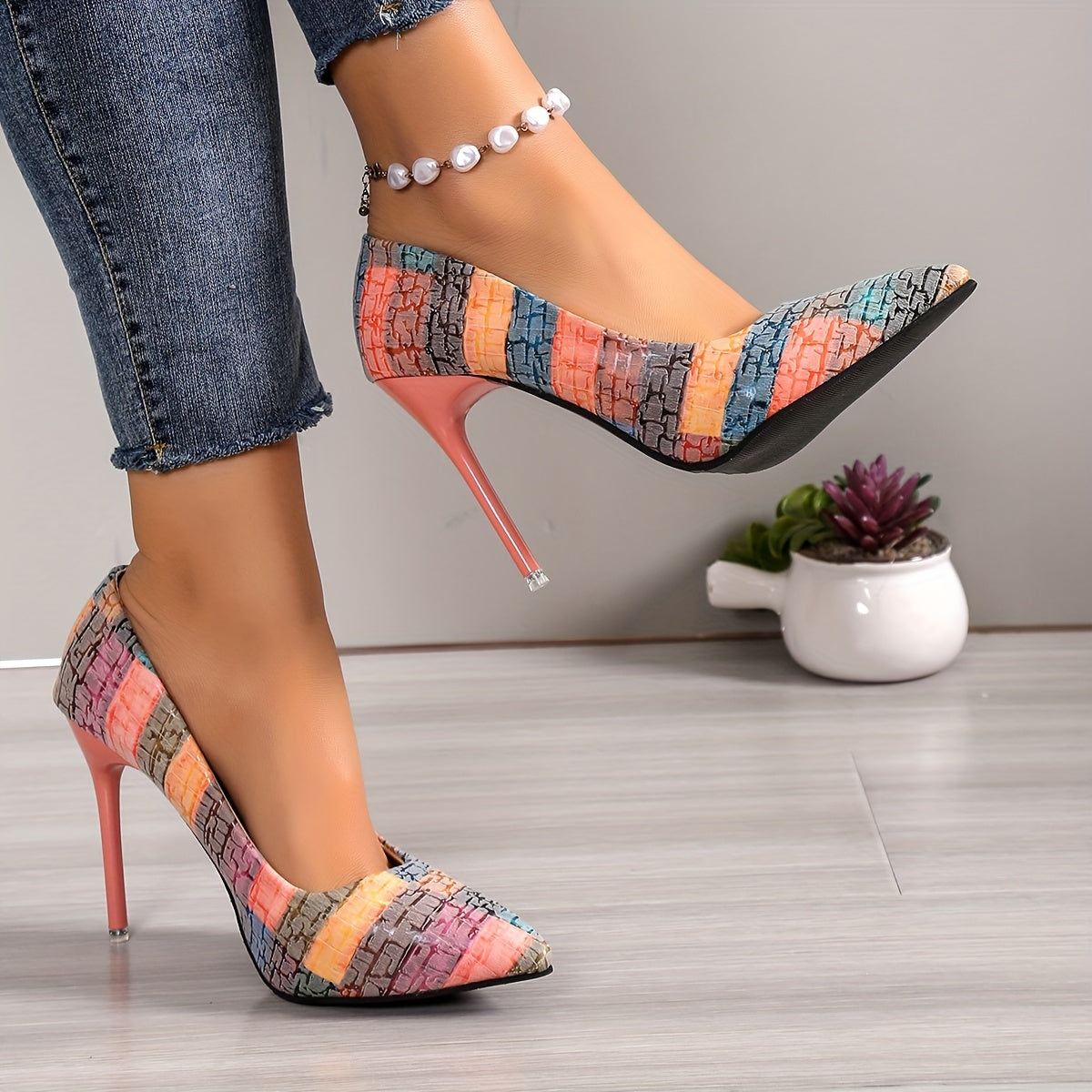 Women's Striped Pattern Stiletto Heels, Elegant Point Toe Dress Pumps, Fashion Slip On Heels