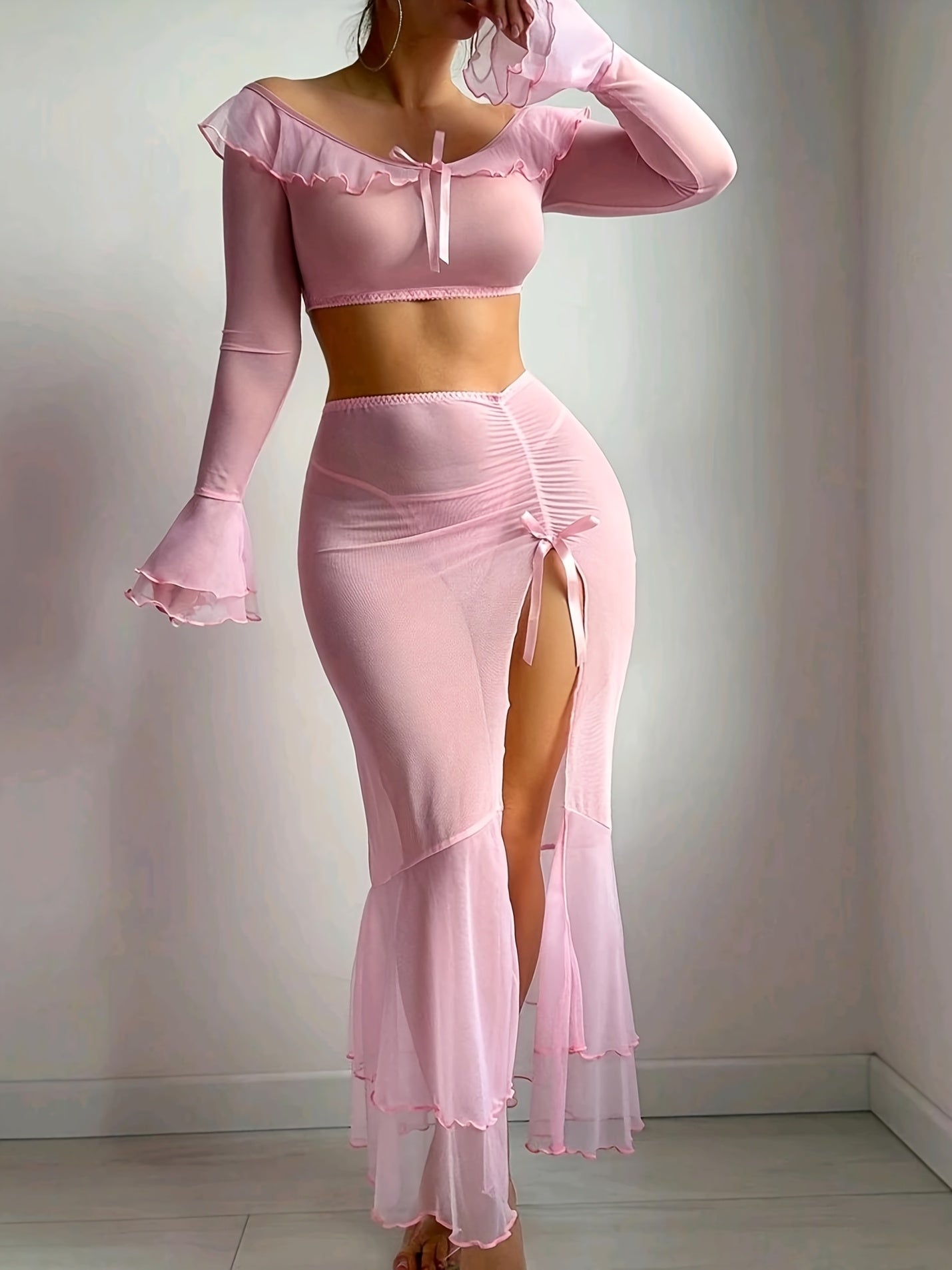 New Mesh Bell-Sleeve Top 1 + Long Skirt 1 + Underwear 1