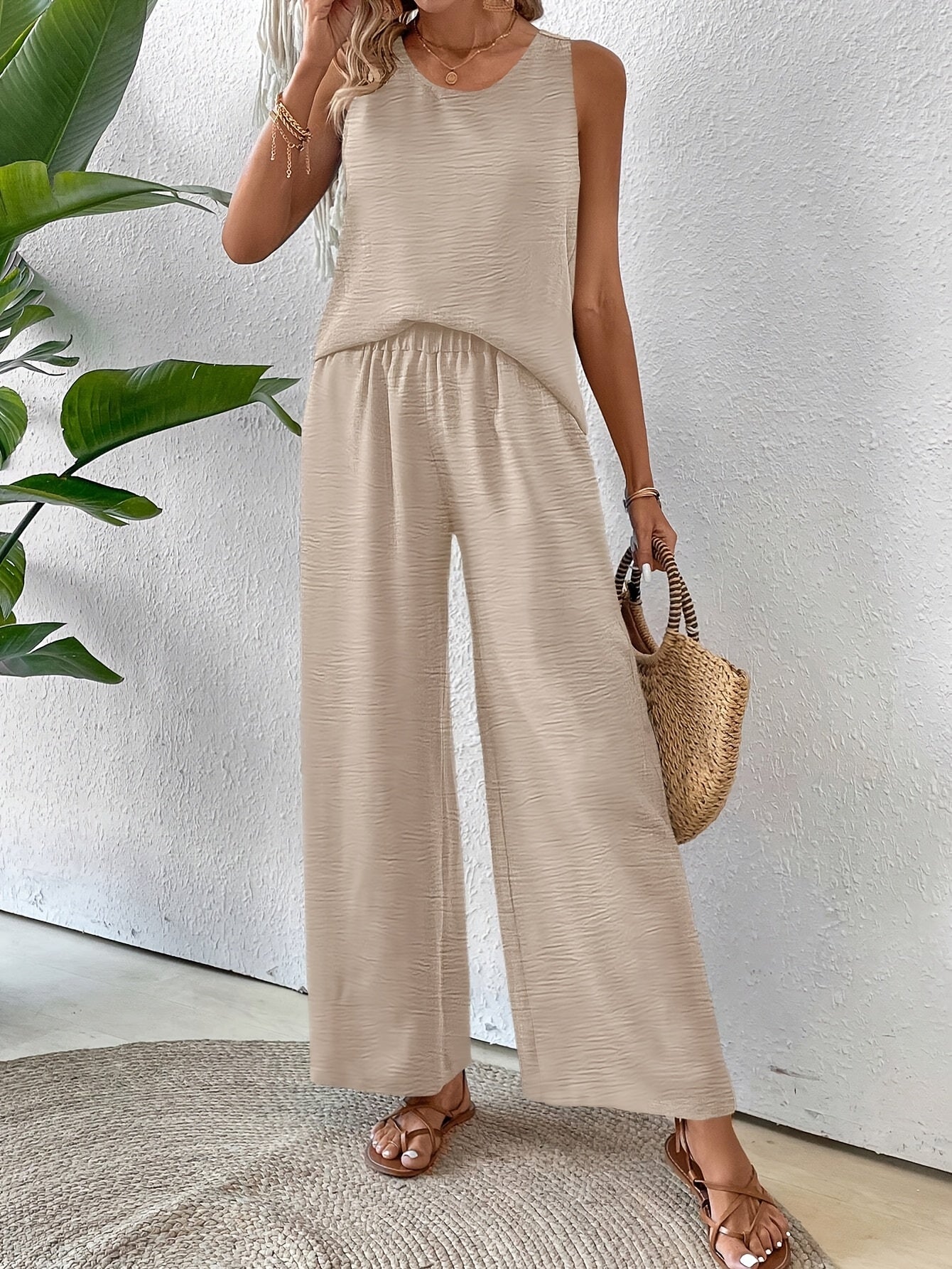 Exclusive Elegant Vacation Solid Color Sleeveless Top and Wide Leg Pants