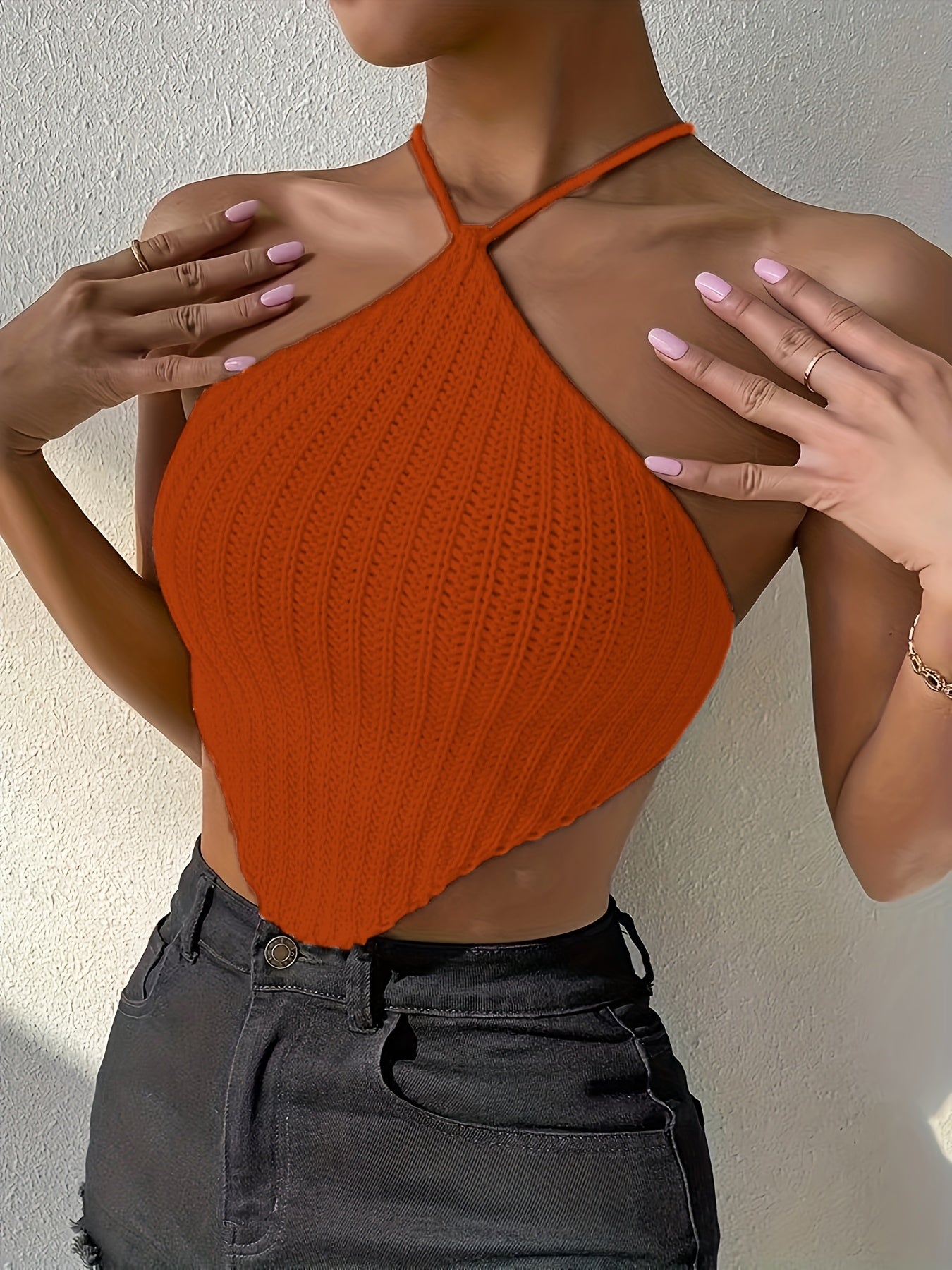 Solid Halter Neck Knit Top, Elegant Backless Hanky Hem Top For Spring & Summer - Women's Clothing - Soft & Breathable Knit Fabric - Perfect for Casual & Party Occasions - Ideal Gift for Women