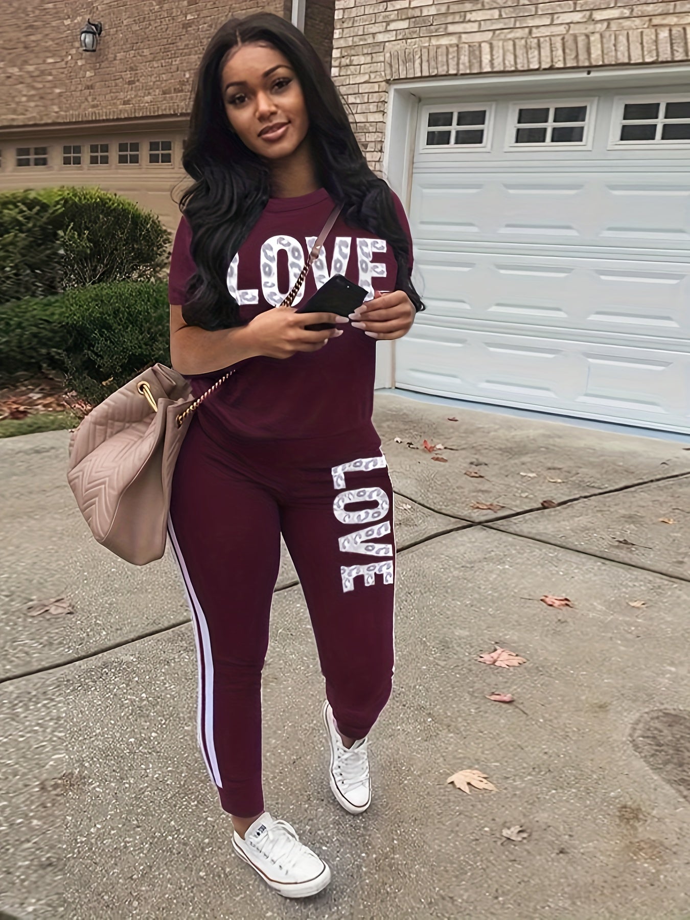 Women's Casual Polyester Knit Sweatpants Set with Round Neck and Alphabet Letter Print, Spring/Summer Collection - Love Letter Design - For Women - Made of Polyester - Perfect for Casual Wear & Loungewear - Ideal Gift for Fas