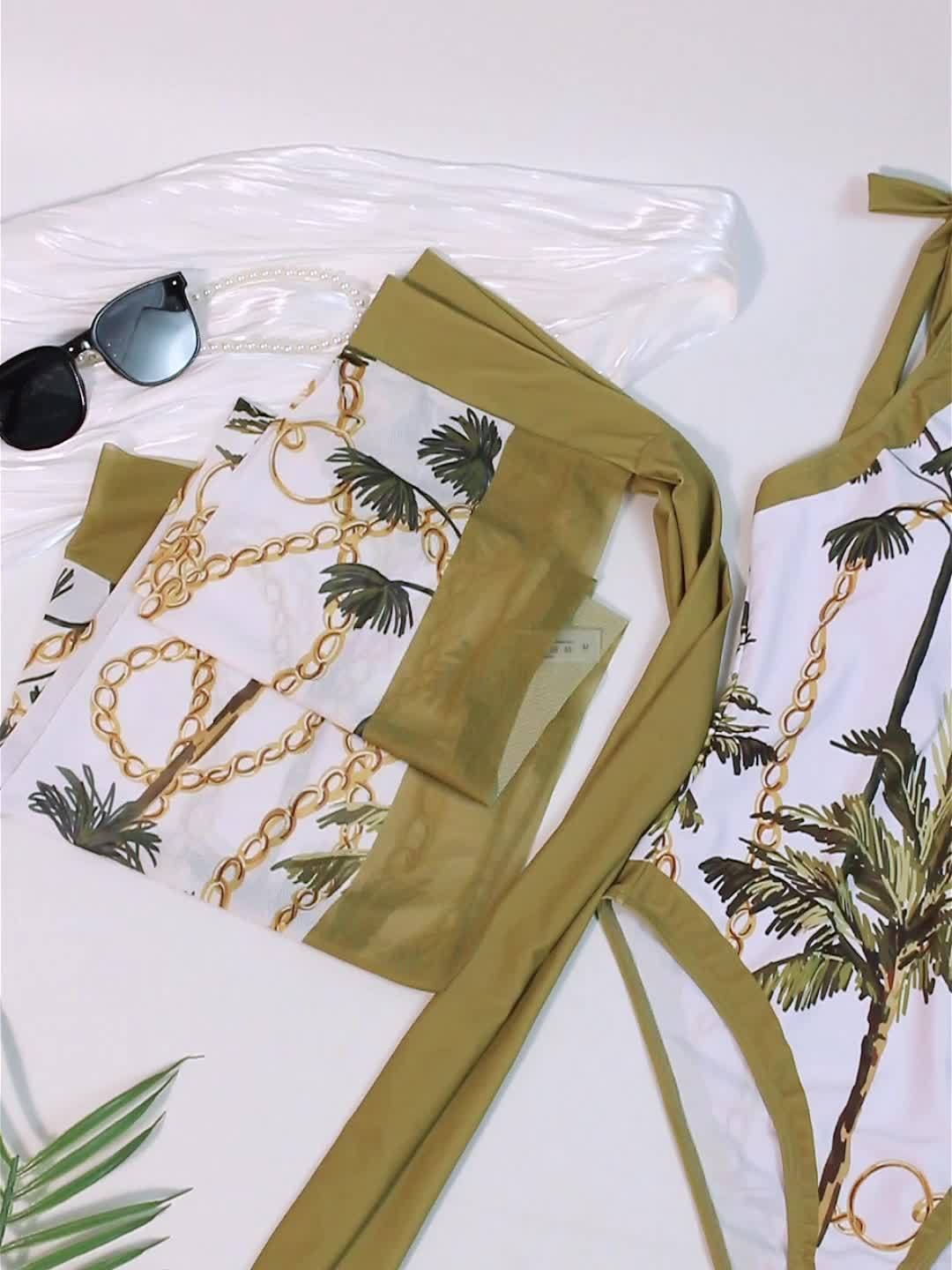 Green Coconut Tree Print Seamless V-Neck Tie-Dye Gauze Skirt Two-Piece Women's Sunscreen Suit