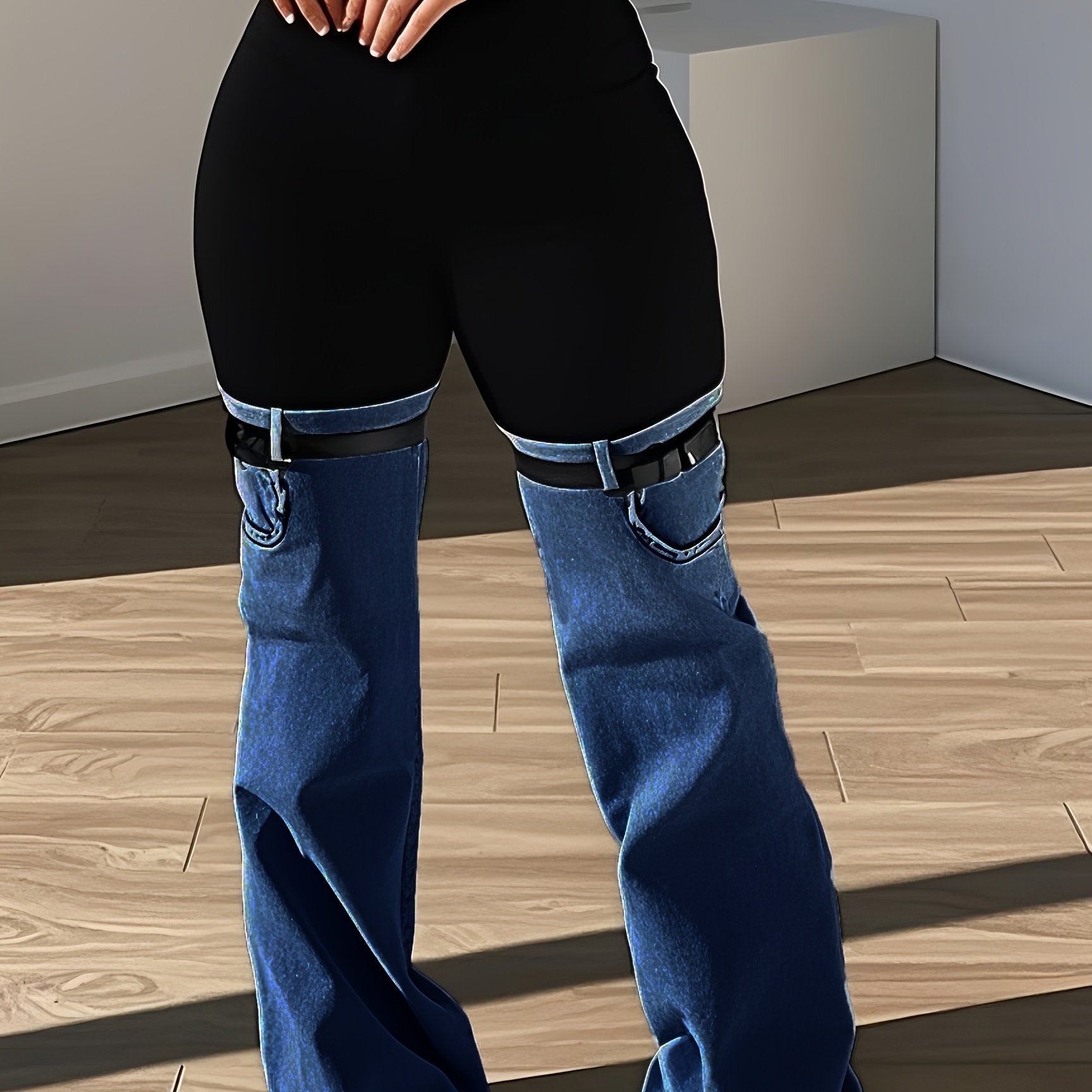 Women High Elastic Waist Two Tone Trendy Patchwork Jeans With Garter Belt Detail – Unique Streetwear Style