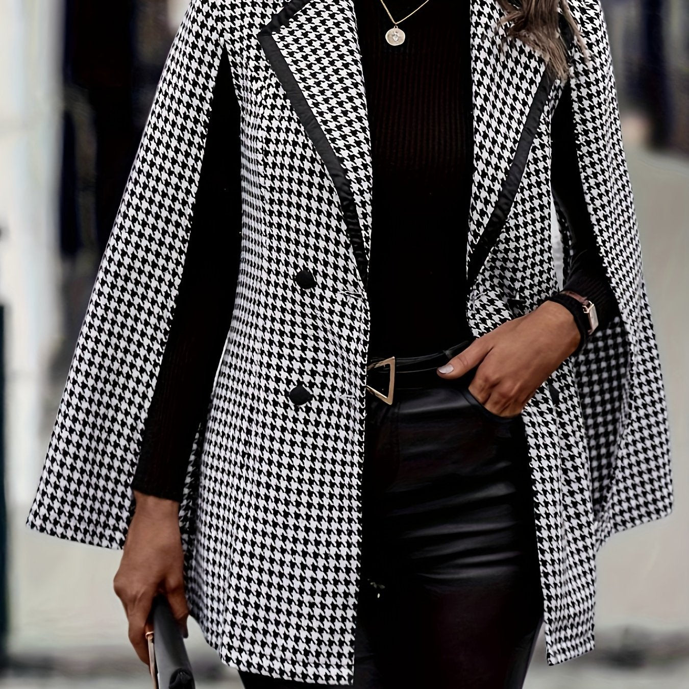 Houndstooth Print Double-breasted Blazer - Elegant Cape Sleeve Lapel Blazer - Polyester Blend - For Women - Suitable for Office & Work - Perfect Gift for Business Professionals