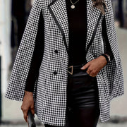 Houndstooth Print Double-breasted Blazer - Elegant Cape Sleeve Lapel Blazer - Polyester Blend - For Women - Suitable for Office & Work - Perfect Gift for Business Professionals