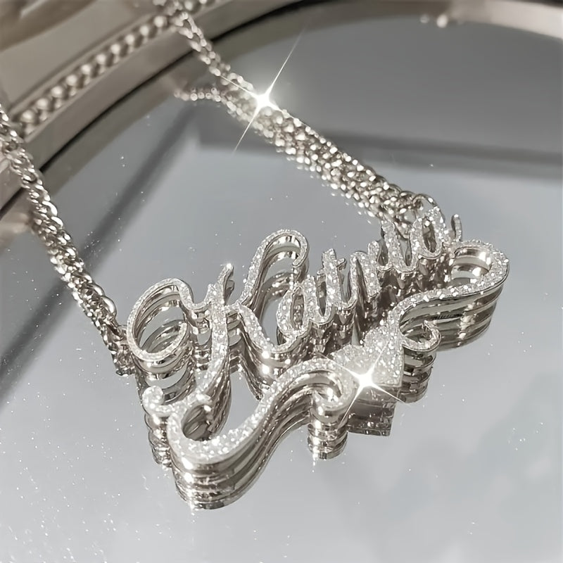 1pc Custom Stainless Steel Name Necklace – Personalized Frosted Letter Pendant with Sparkling Accents, Unisex Cuban Link Chain Jewelry Gift for Casual Attire or Special Occasions, Gift Item Jewelry | Bohemian Chic | 18K Gol