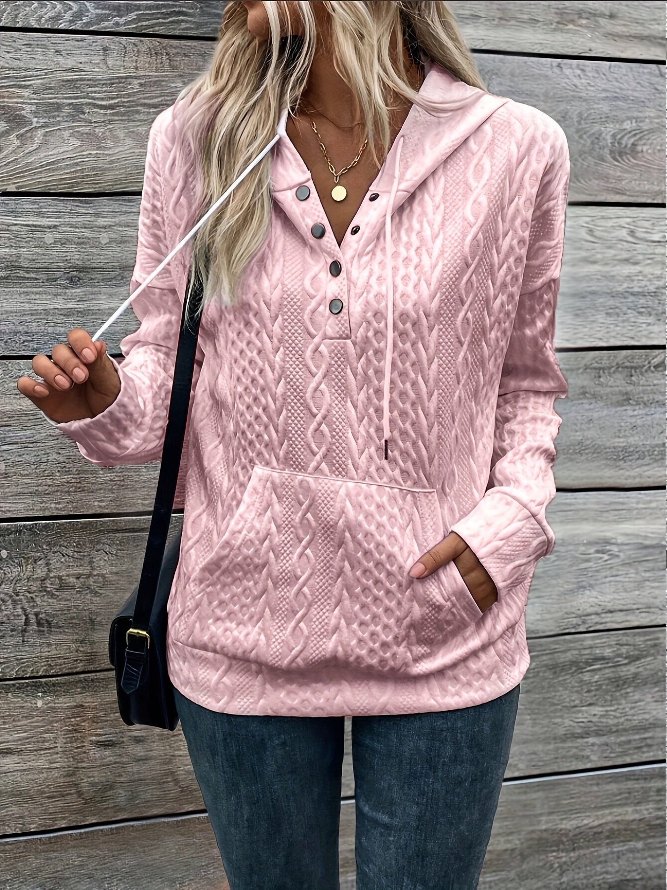 Women's Elegant Pullover Hoodie, Polyester Knit with Cable Pattern, Regular Length, Button Detail, Casual Sweatshirt for Fall/Winter Season