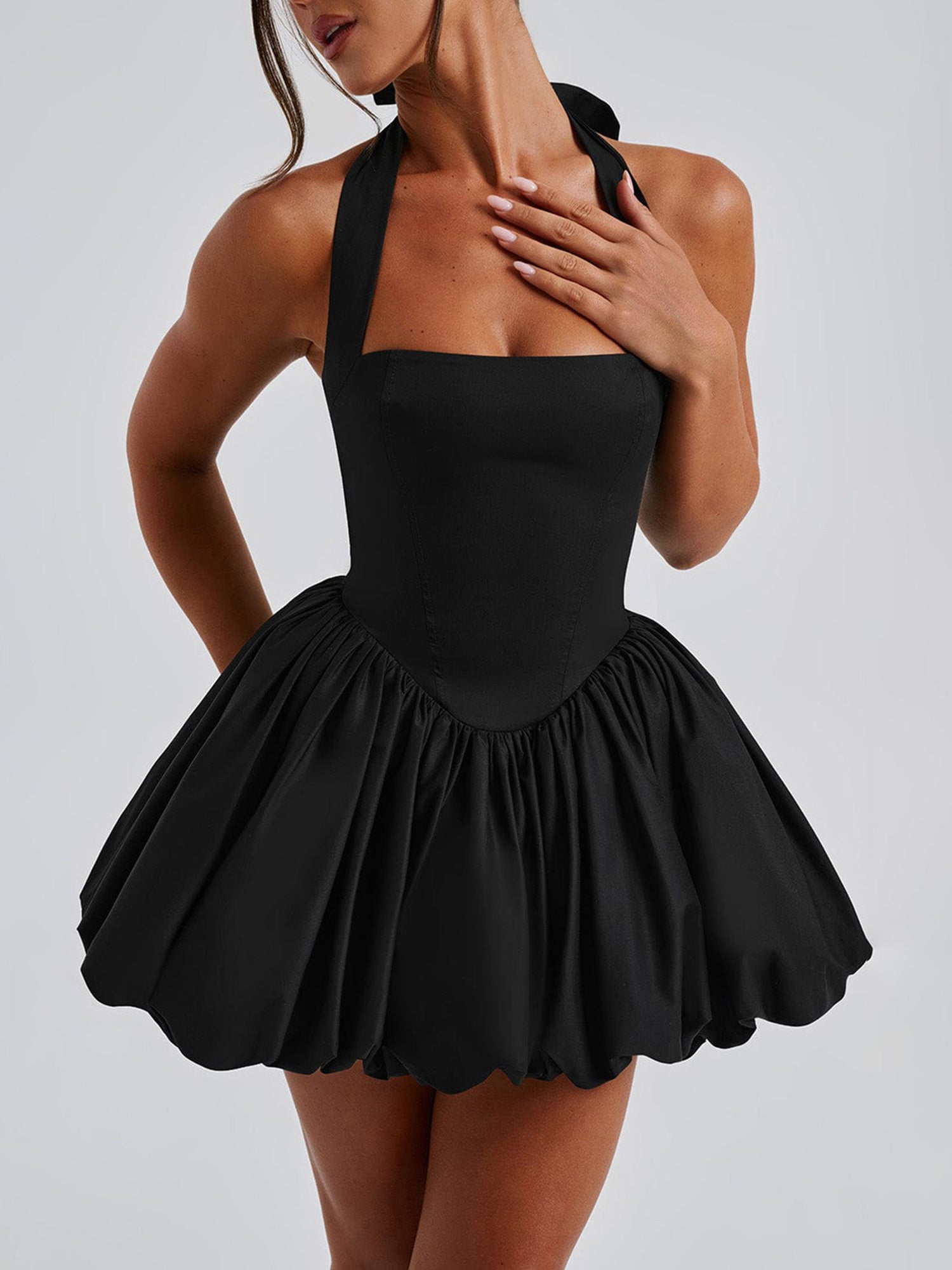 Women's Y2K Sleeveless Halter Backless Corset Dress with Adjustable Tie-Up Waist & Flared Bubble Skirt - Solid White Clubwear for Beach, Party, Streetwear - Machine Washable, Dresses for Beach