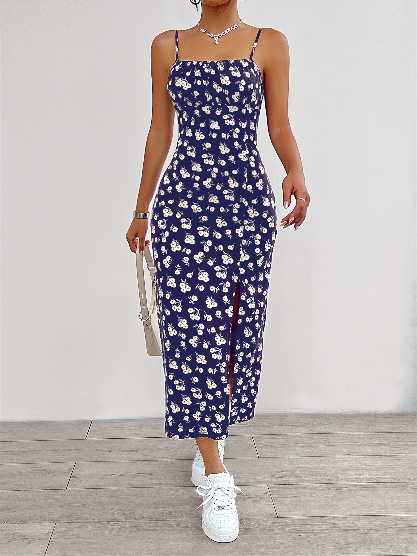 Floral Print Split Hem Cami Dress - Elegant Sleeveless Spaghetti Strap Dress For Spring & Summer - Women's Clothing - For Women - Perfect for Casual & Party Occasions - Ideal Gift for Her
