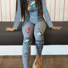 Graffiti Printed Casual Two-piece Set, Round Neck Long-sleeved Top And High-waisted Pants Suit, Women's Clothing