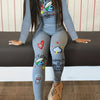 Graffiti Printed Casual Two-piece Set, Round Neck Long-sleeved Top And High-waisted Pants Suit, Women's Clothing