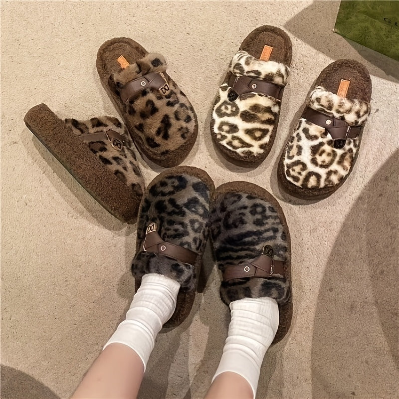 Women's Stylish Leopard Print Plush Slippers with Buckle Strap - Cozy Faux Fur-Lined Winter House Shoes, Soft Brown & Black Patterned Design, Thick Rubber Sole for Indoor Comfort, Seasonal Wear | Fashionable Footwear | Rubber