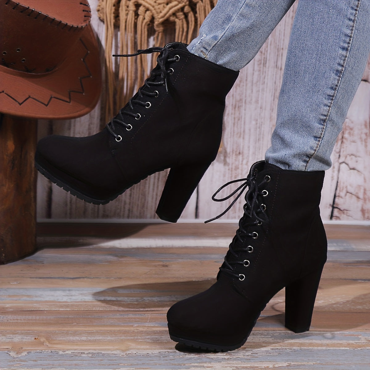 Women'S 2023 Combat Boots - Solid Color Lace-Up, Chunky Heel, Platform, Slim Fit, Round Toe, Fabric Upper, Rubber Sole, Comfortable All-Season Shoes.