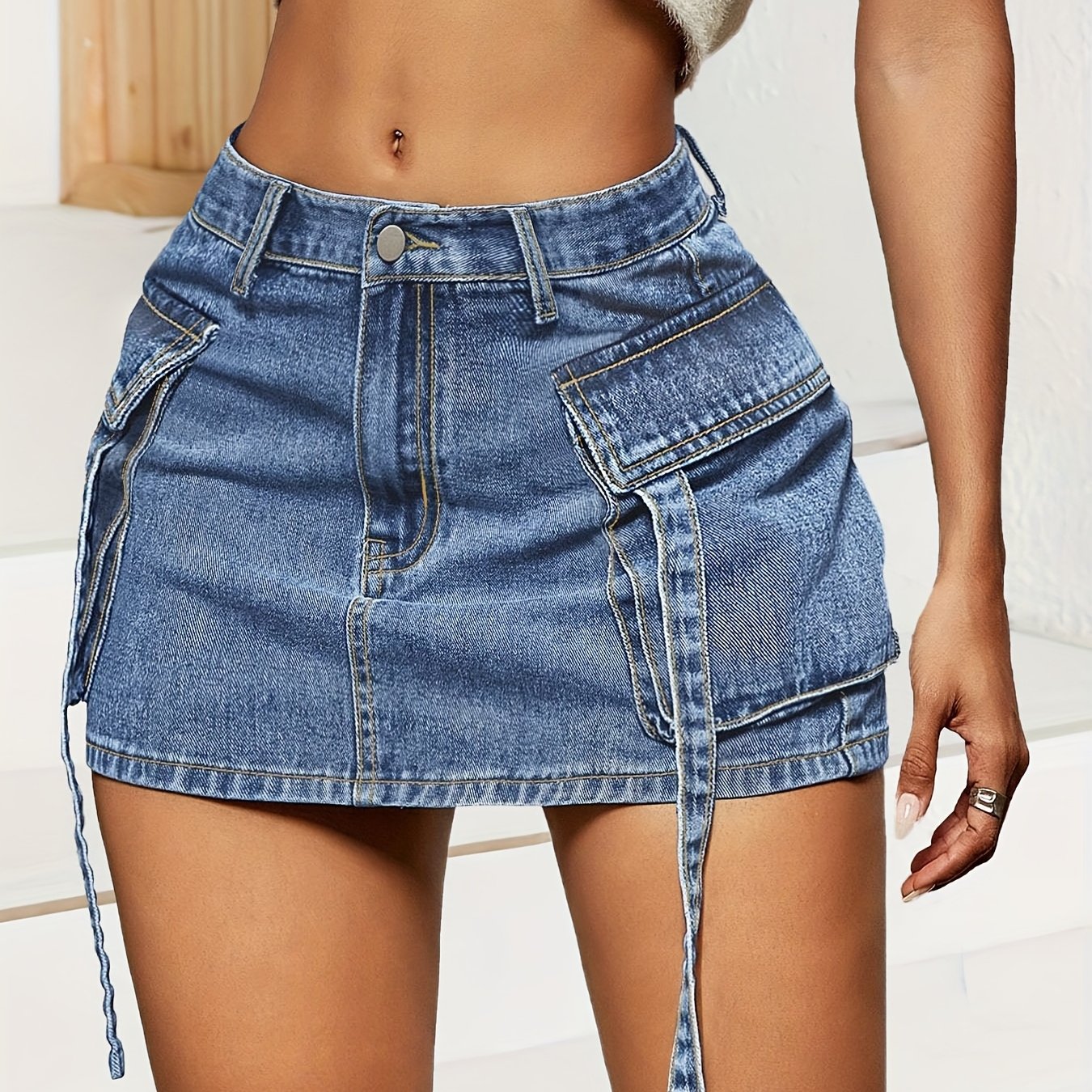Blue Tooling Flip Side Pocket Personality Wash Jeans Short Skirt High Waist Tight Bag Hip Sexy Street Unique Design Fashion Spring And Summer Women'S Cowboy Overskirt