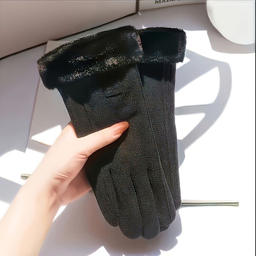 Women'S Beige Touchscreen Gloves - Thick Warm Plush Lined Full Finger Mittens for Winter, Knitted Polyester, Non-Stretch, Hand Washable, Ideal for Going Out